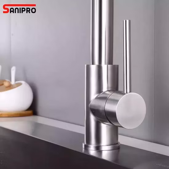 Sanipro Dual Sprayer Mixer Torneiras Niquelado escovado Bico giratório 360 graus Torneira da pia da cozinha Torneira retrátil de mola