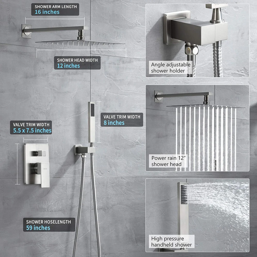 Wholesale Bathroom Single Lever Brushed Nickel Bath Thermostatic Diverter Square Concealed Shower Faucet Mixer